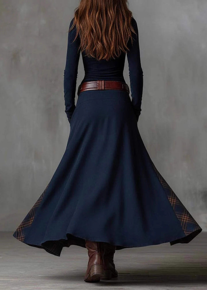 French Navy Button Pockets Plaid Patchwork Faux Suede Maxi Dresses Spring - Omychic