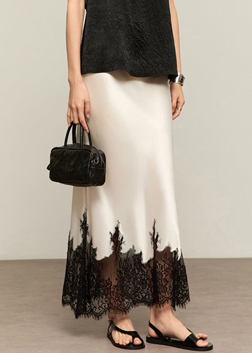 French White Lace High Waist Patchwork Silk Skirts Summer - Omychic