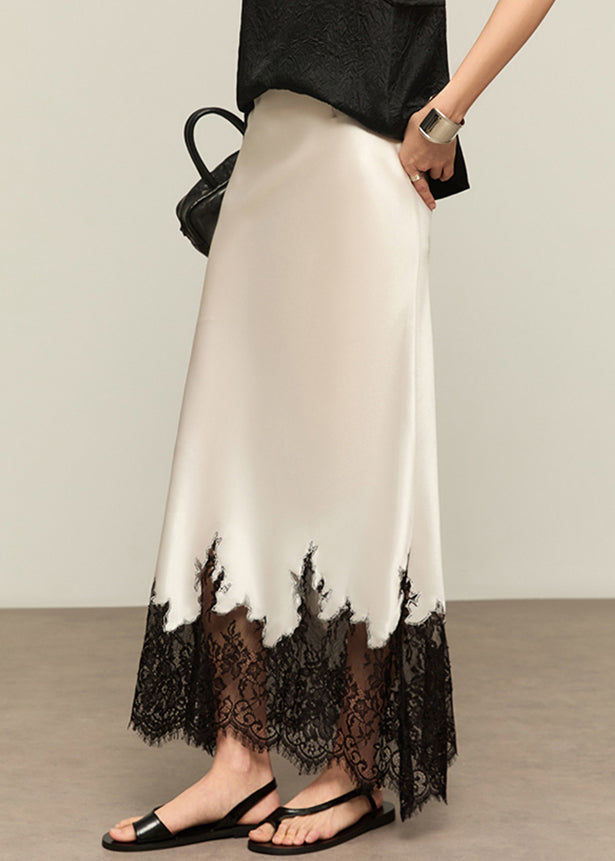 French White Lace High Waist Patchwork Silk Skirts Summer - Omychic