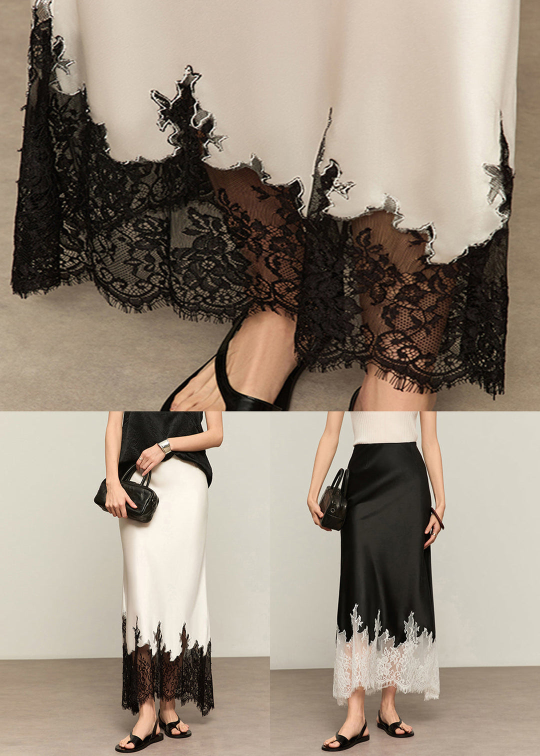 French White Lace High Waist Patchwork Silk Skirts Summer - Omychic
