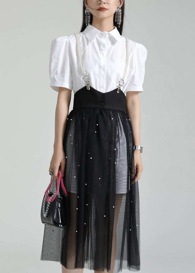 French White Peter Pan Collar Shirt Dresses And Tulle Skirt Two Pieces Set Summer - Omychic