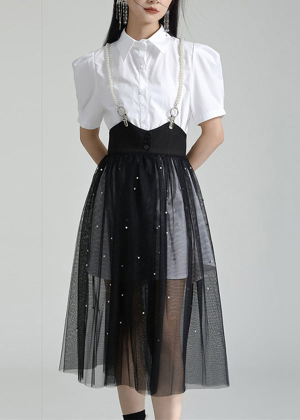 French White Peter Pan Collar Shirt Dresses And Tulle Skirt Two Pieces Set Summer - Omychic