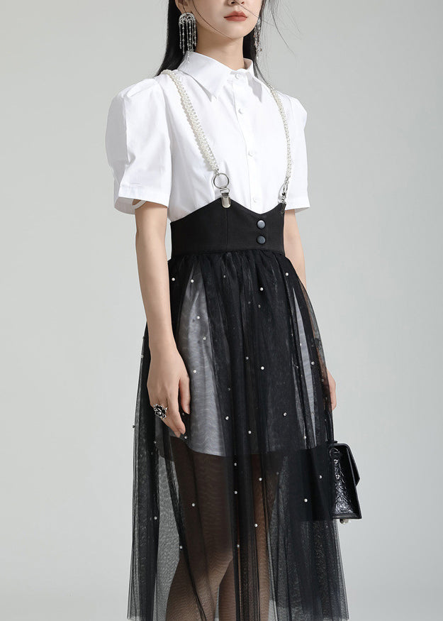 French White Peter Pan Collar Shirt Dresses And Tulle Skirt Two Pieces Set Summer - Omychic
