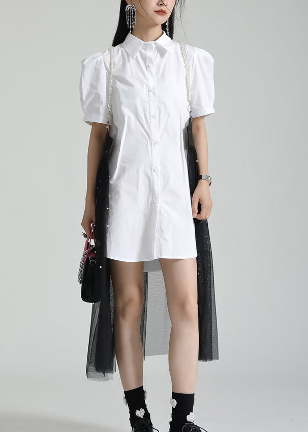 French White Peter Pan Collar Shirt Dresses And Tulle Skirt Two Pieces Set Summer - Omychic
