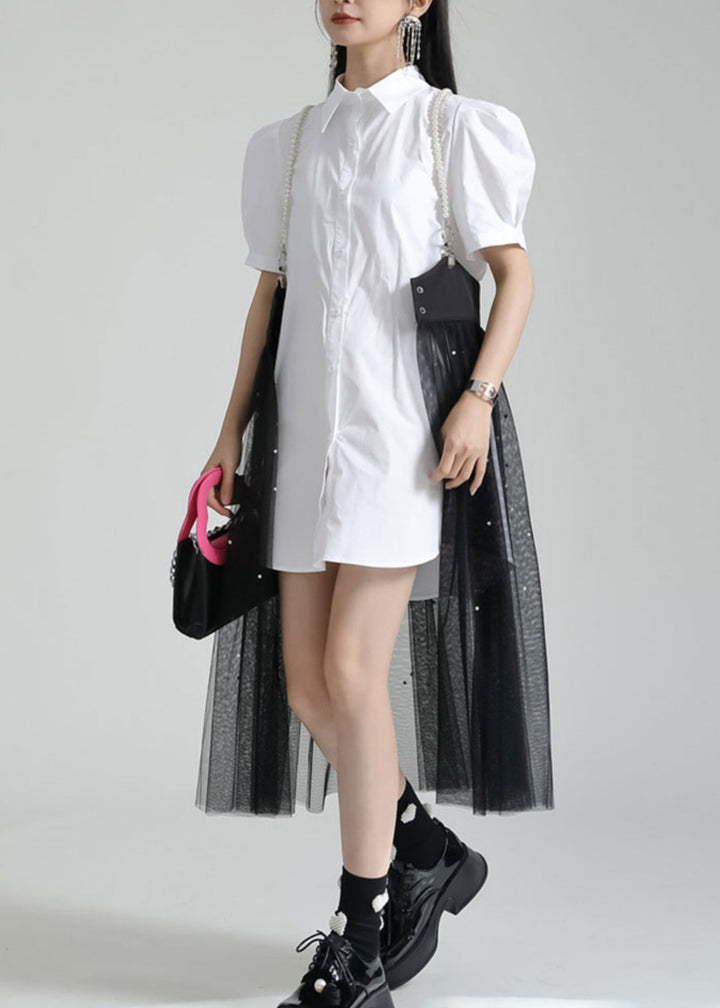 French White Peter Pan Collar Shirt Dresses And Tulle Skirt Two Pieces Set Summer - Omychic