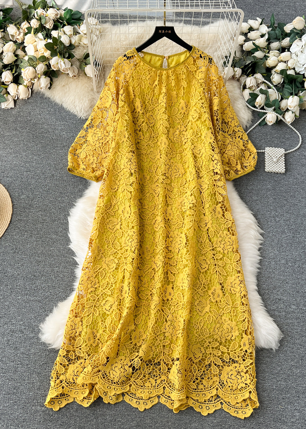 French Yellow O Neck Hollow Out Lace Dresses Summer - Omychic