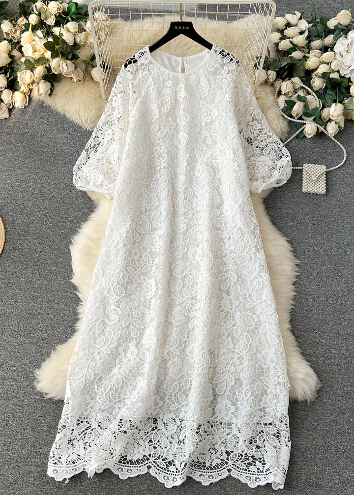 French Yellow O Neck Hollow Out Lace Dresses Summer - Omychic