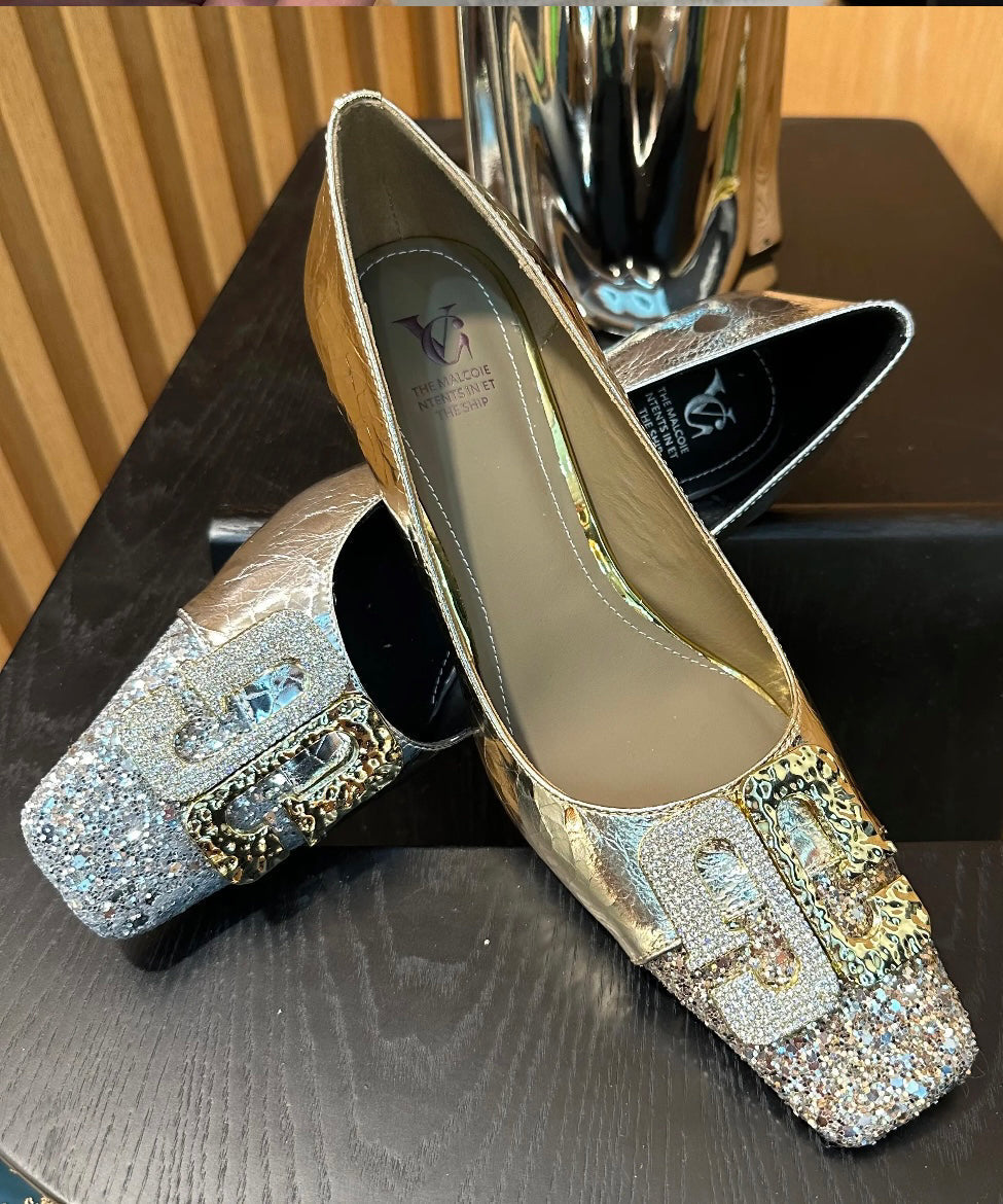 Gold Zircon Splicing Chic Chunky High Heels Square Toe - Omychic