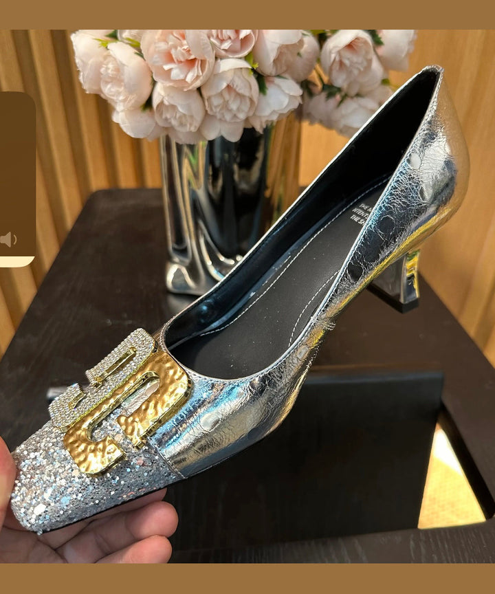 Gold Zircon Splicing Chic Chunky High Heels Square Toe - Omychic