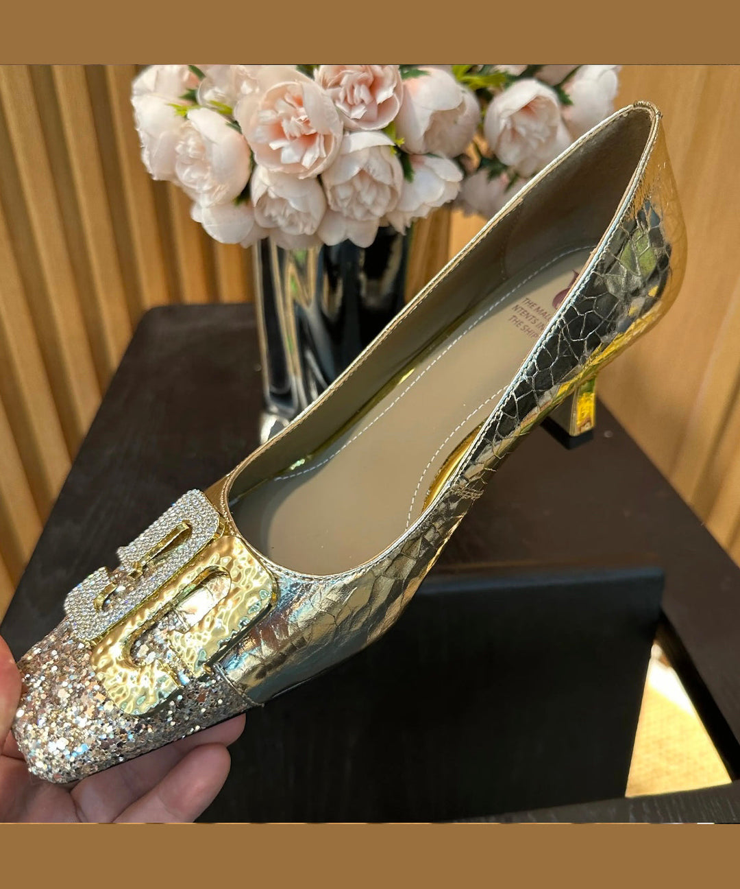 Gold Zircon Splicing Chic Chunky High Heels Square Toe - Omychic