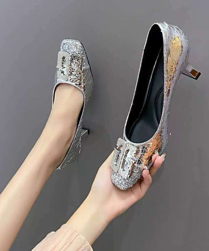 Gold Zircon Splicing Chic Chunky High Heels Square Toe - Omychic