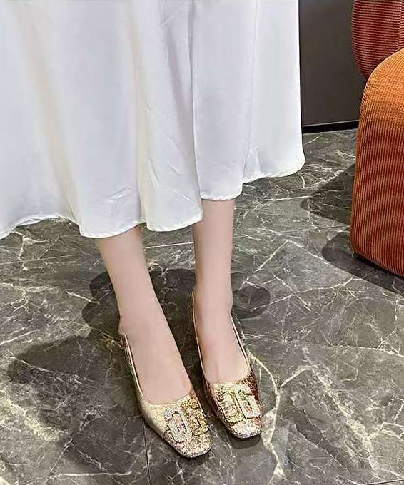 Gold Zircon Splicing Chic Chunky High Heels Square Toe - Omychic