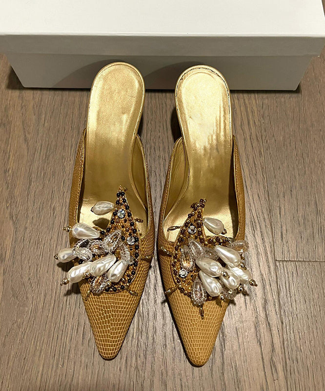 Golden Slide Sandals 2026 New French Pointed Toe Bead Decorated