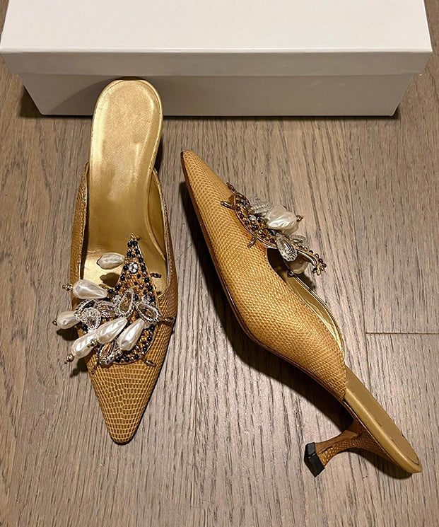 Golden Slide Sandals 2026 New French Pointed Toe Bead Decorated