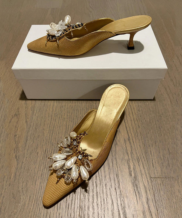 Golden Slide Sandals 2026 New French Pointed Toe Bead Decorated