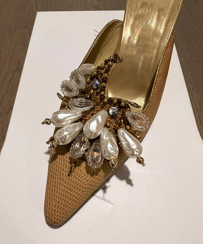 Golden Slide Sandals 2026 New French Pointed Toe Bead Decorated