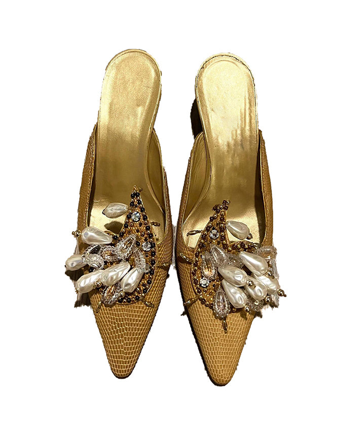 Golden Slide Sandals 2026 New French Pointed Toe Bead Decorated