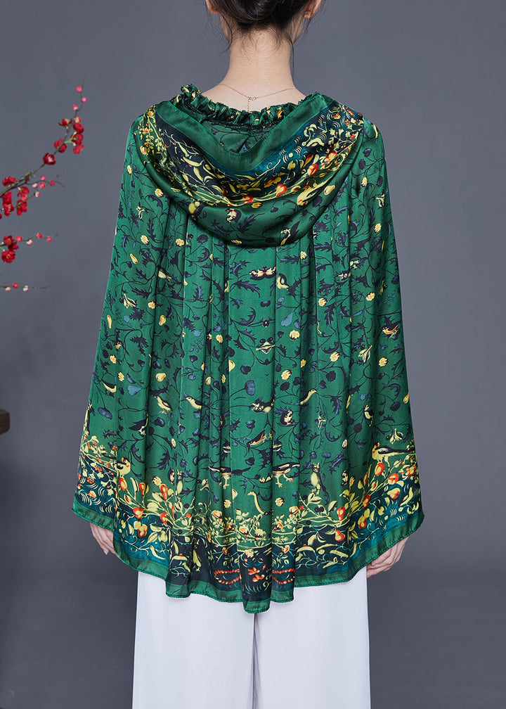 Green Print Silk Shawl Hooded