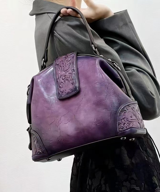 Handmade Purple Calf Leather Embossed Tote Bag - Omychic