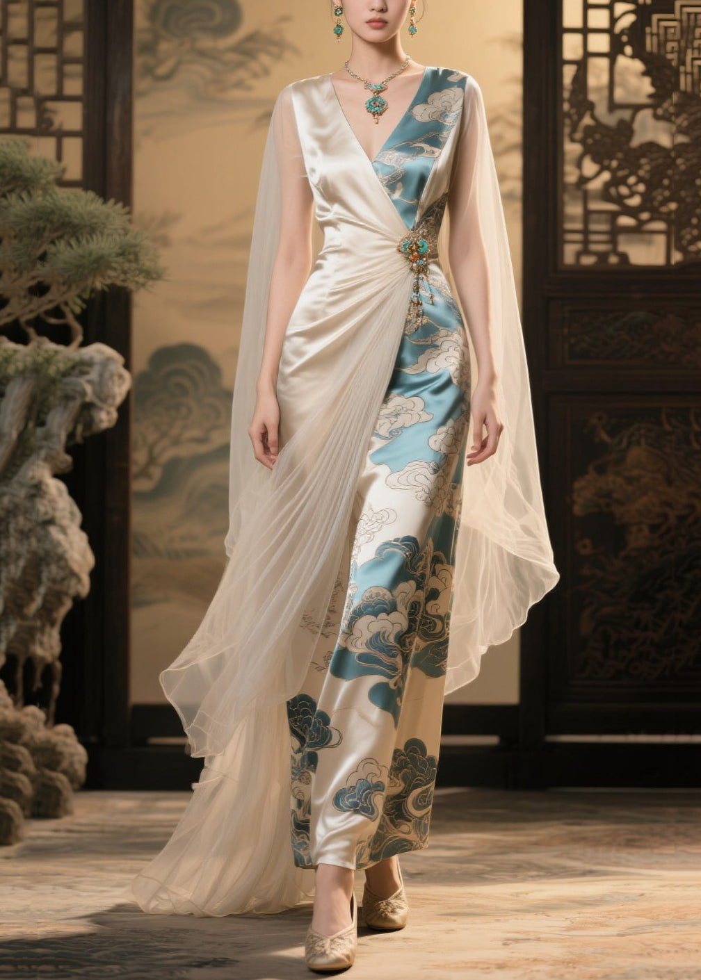 Italian Champagne Print Asymmetrical Patchwork Tulle Party Dress Summer - Omychic