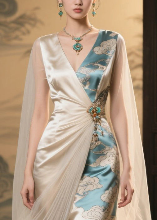 Italian Champagne Print Asymmetrical Patchwork Tulle Party Dress Summer - Omychic