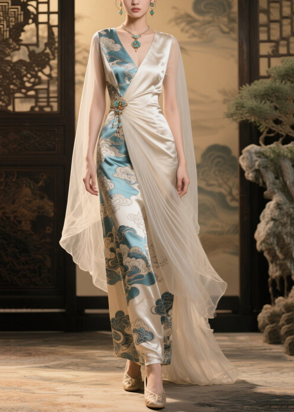 Italian Champagne Print Asymmetrical Patchwork Tulle Party Dress Summer - Omychic