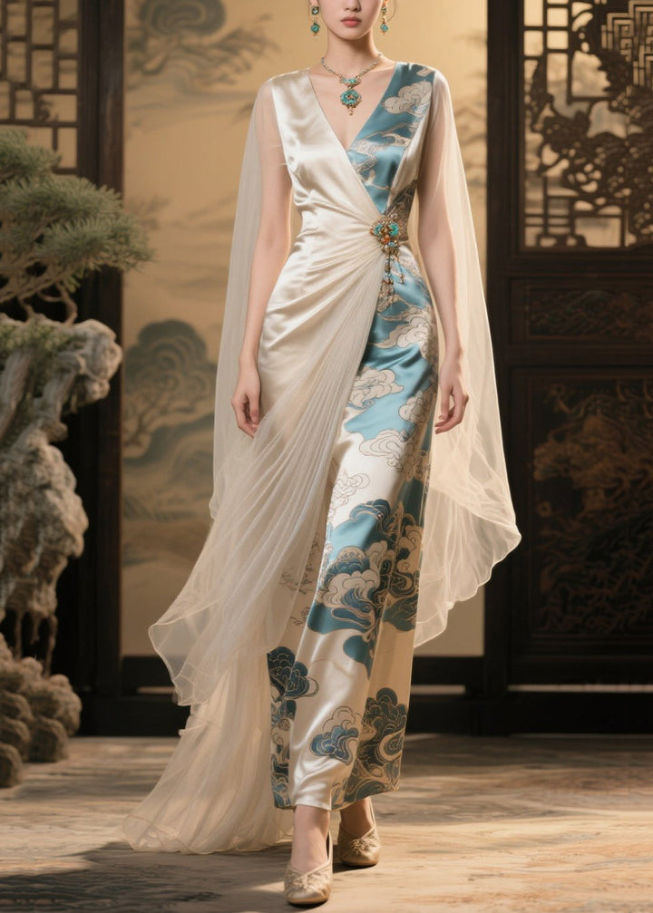 Italian Champagne Print Asymmetrical Patchwork Tulle Party Dress Summer - Omychic