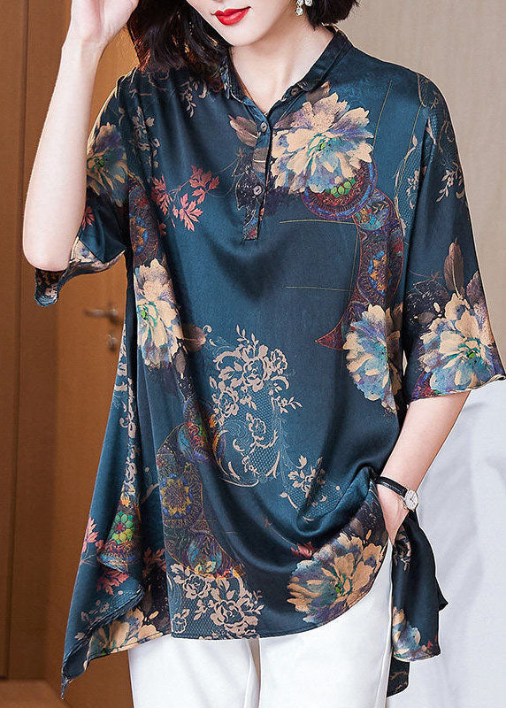 Italian Dark Blue Peter Pan Collar Button Asymmetrical Print Silk Tops Spring - Omychic