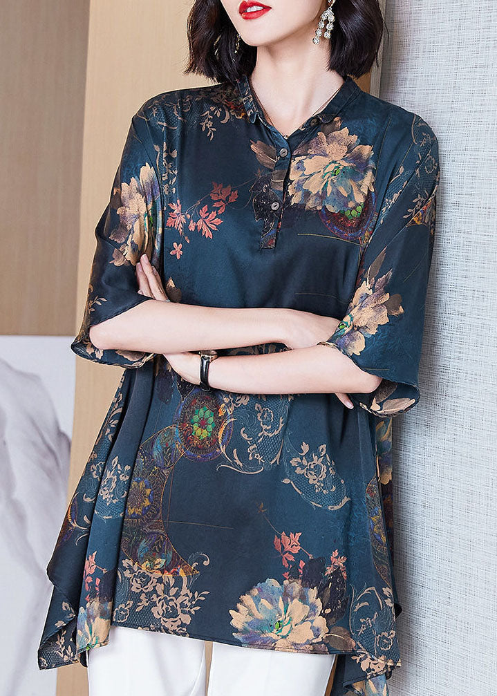Italian Dark Blue Peter Pan Collar Button Asymmetrical Print Silk Tops Spring - Omychic