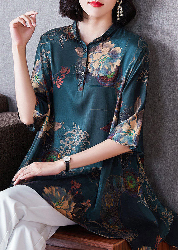 Italian Dark Blue Peter Pan Collar Button Asymmetrical Print Silk Tops Spring - Omychic