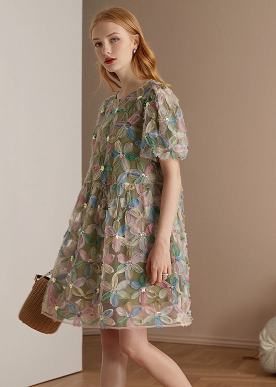 Italian Green O Neck Floral Patchwork Tulle Mid Dresses Puff Sleeve - Omychic