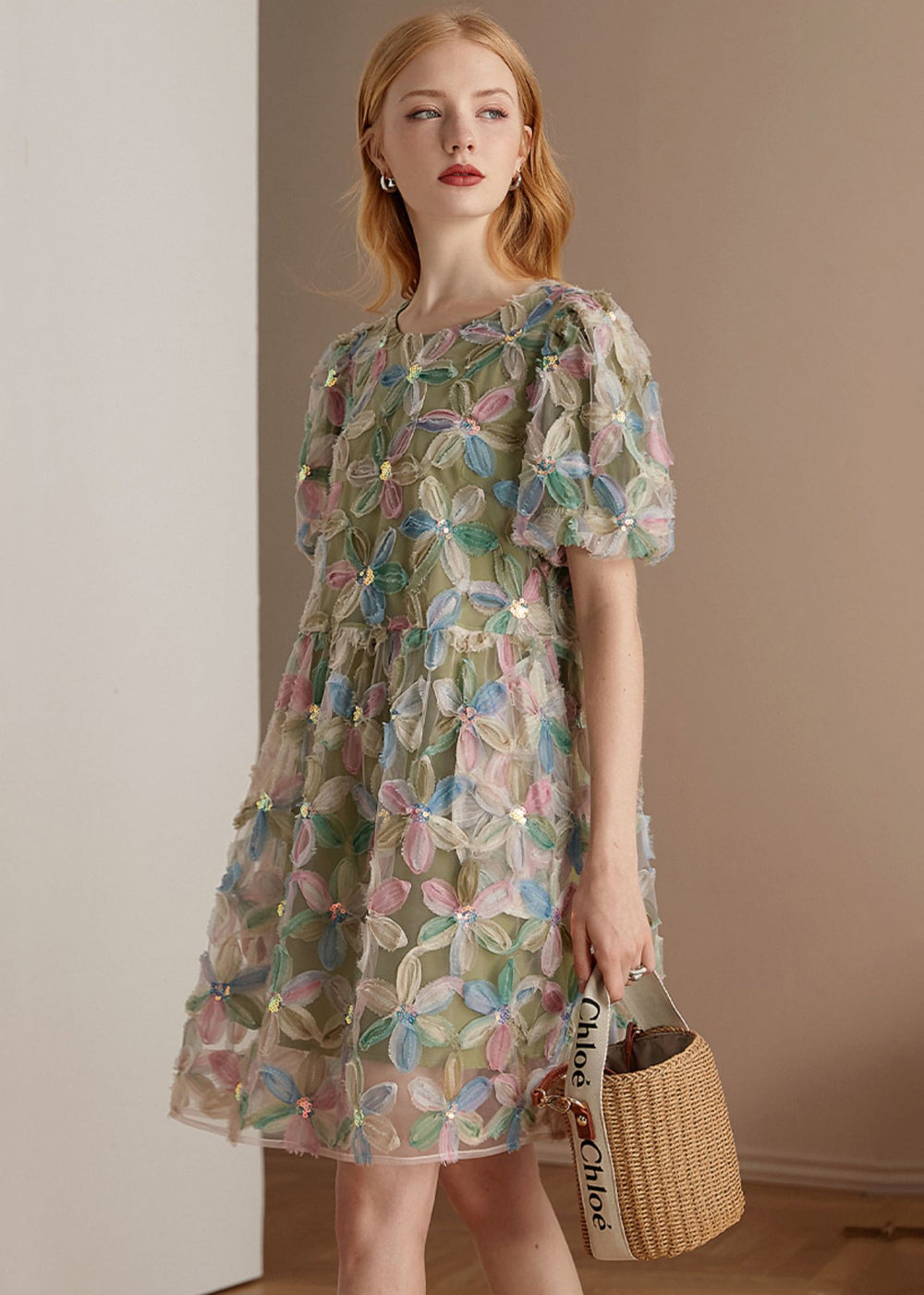 Italian Green O Neck Floral Patchwork Tulle Mid Dresses Puff Sleeve - Omychic