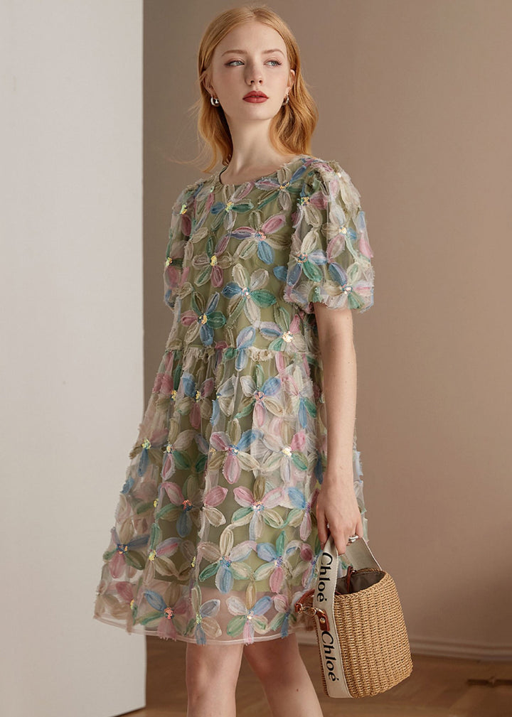 Italian Green O Neck Floral Patchwork Tulle Mid Dresses Puff Sleeve - Omychic