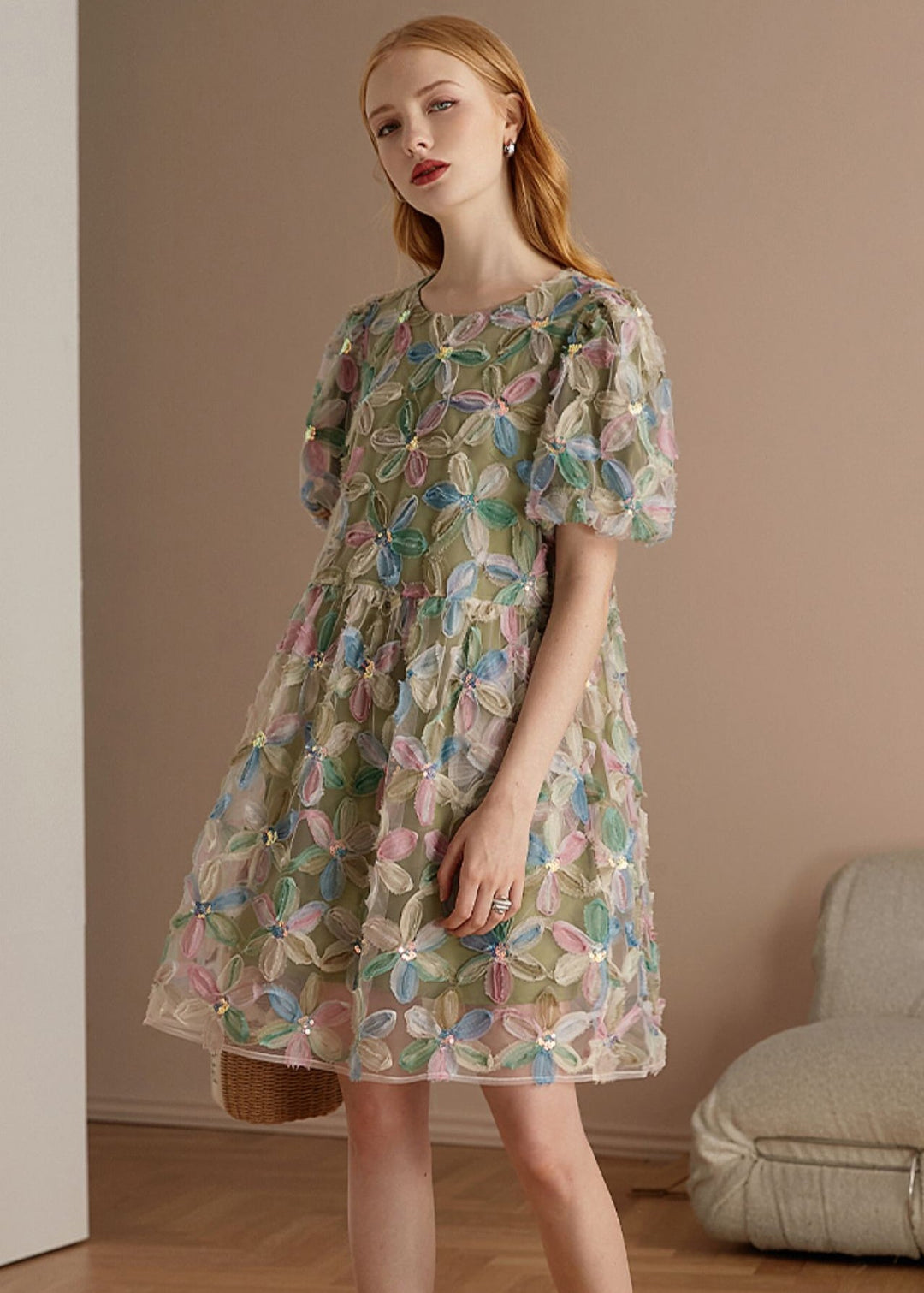 Italian Green O Neck Floral Patchwork Tulle Mid Dresses Puff Sleeve - Omychic