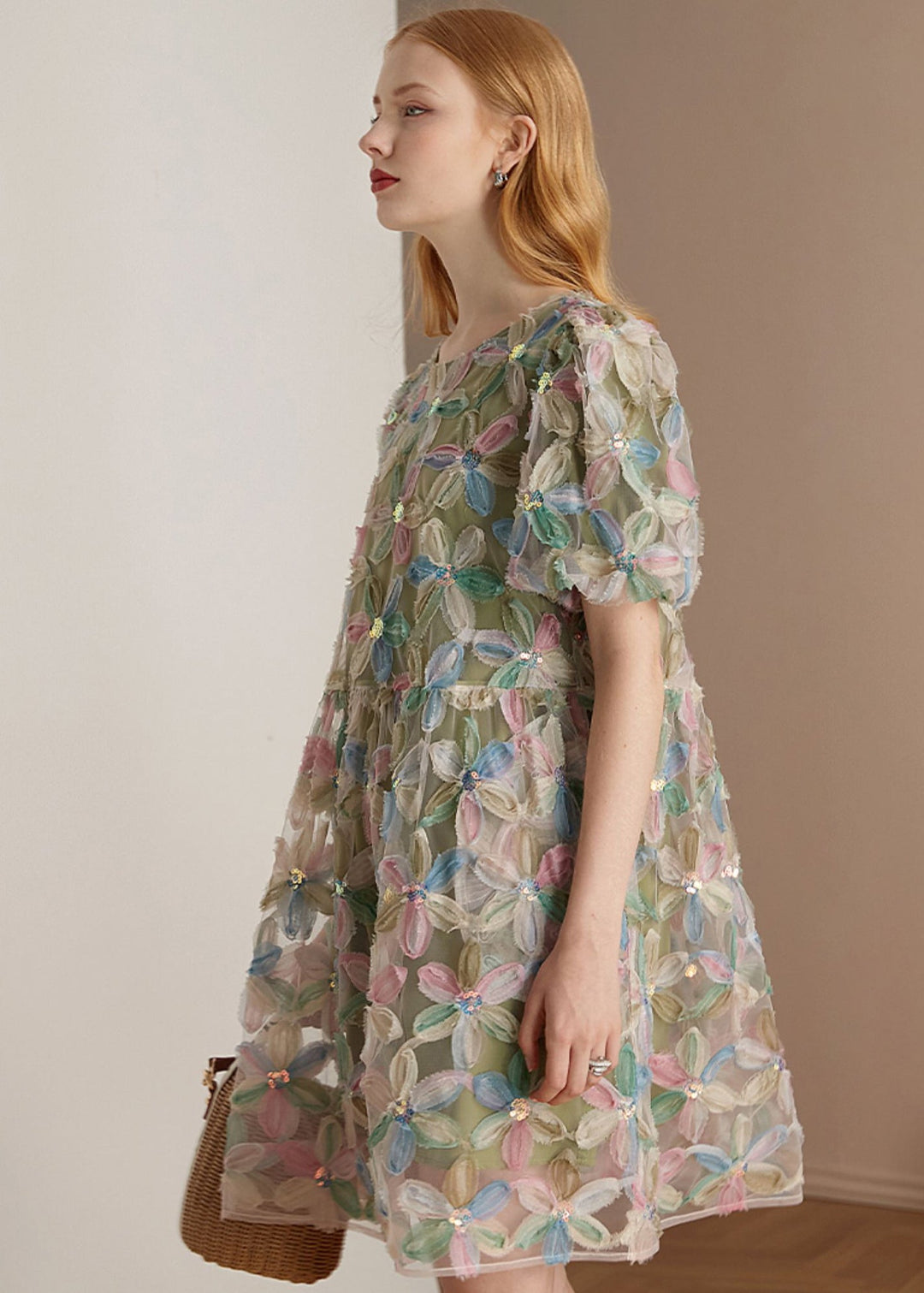 Italian Green O Neck Floral Patchwork Tulle Mid Dresses Puff Sleeve - Omychic