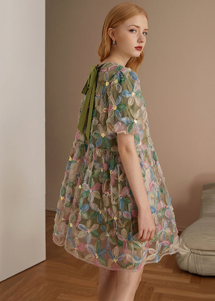 Italian Green O Neck Floral Patchwork Tulle Mid Dresses Puff Sleeve - Omychic
