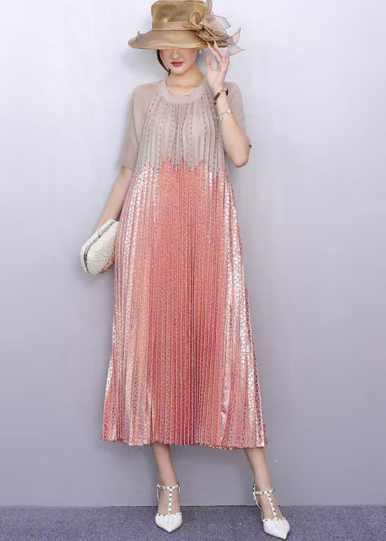 Italian Pink Sequins Patchwork Nail Bead Pleated Dresses Summer - Omychic