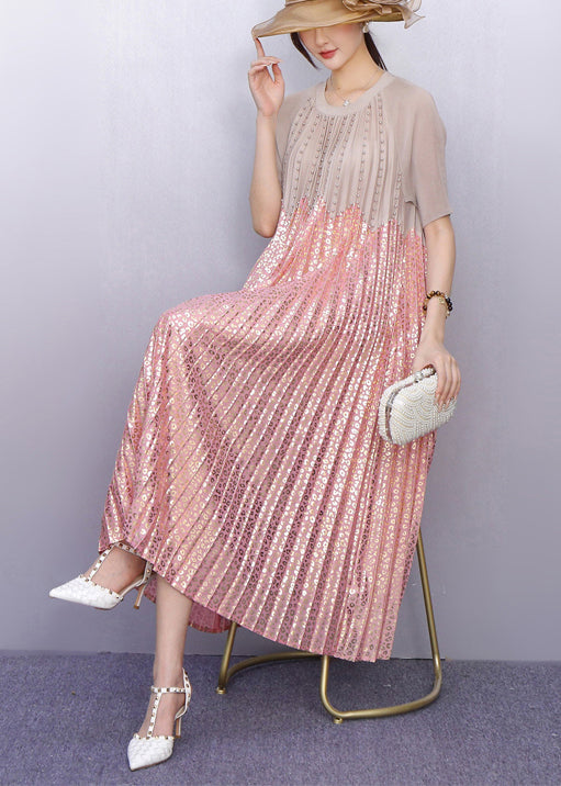 Italian Pink Sequins Patchwork Nail Bead Pleated Dresses Summer - Omychic
