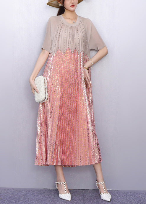Italian Pink Sequins Patchwork Nail Bead Pleated Dresses Summer - Omychic