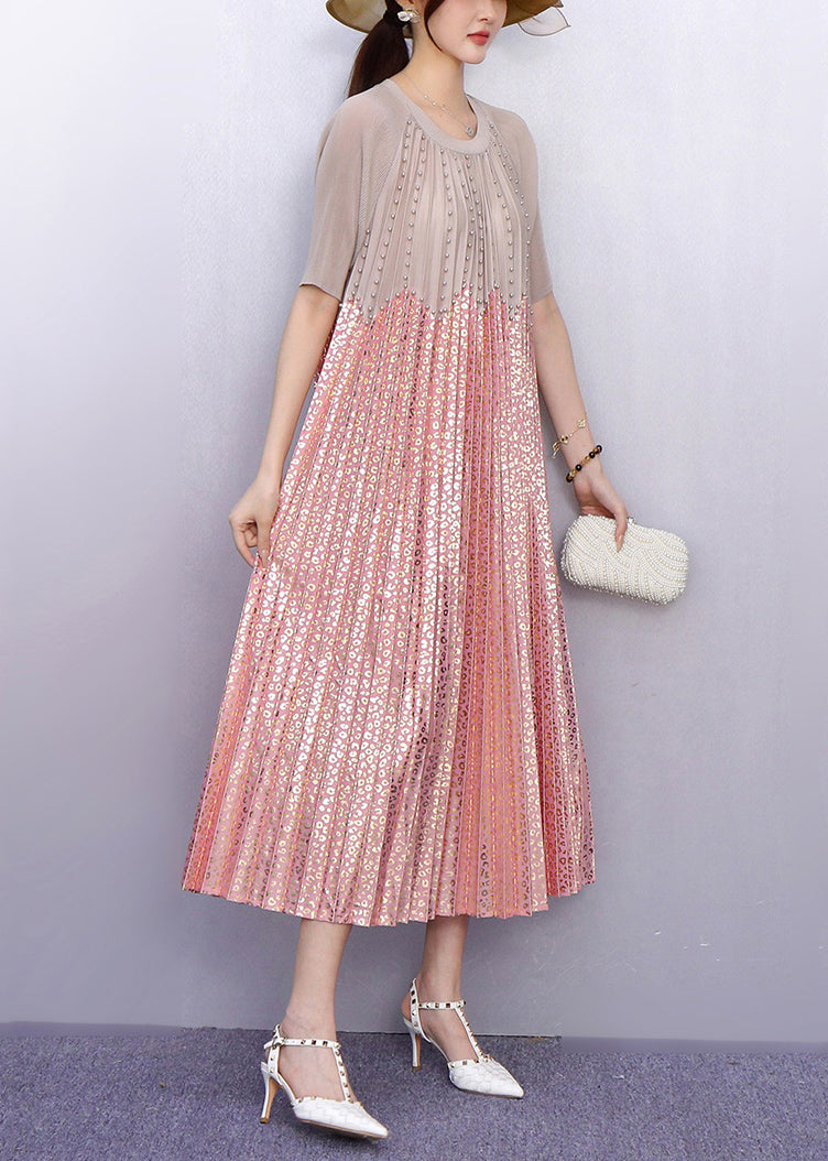 Italian Pink Sequins Patchwork Nail Bead Pleated Dresses Summer - Omychic