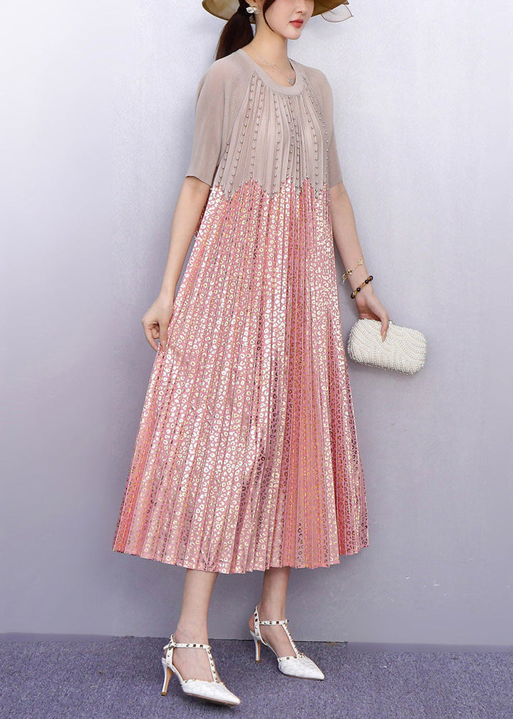 Italian Pink Sequins Patchwork Nail Bead Pleated Dresses Summer - Omychic