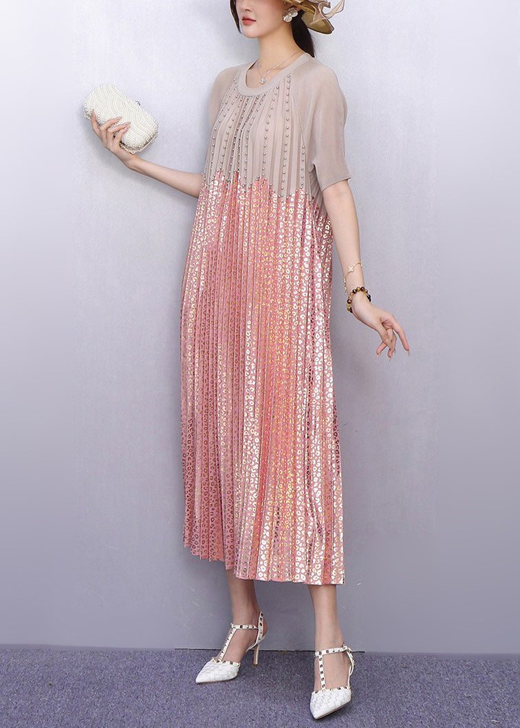 Italian Pink Sequins Patchwork Nail Bead Pleated Dresses Summer - Omychic