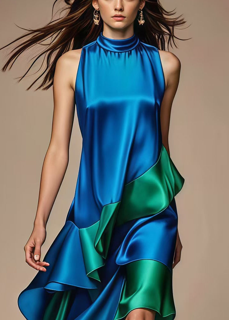 Italian Royal Blue Asymmetrical Patchwork Silk Dress - Omychic