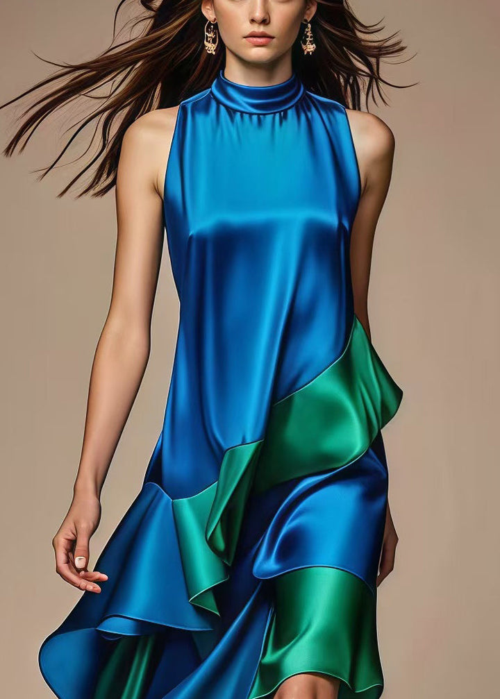 Italian Royal Blue Asymmetrical Patchwork Silk Dress - Omychic