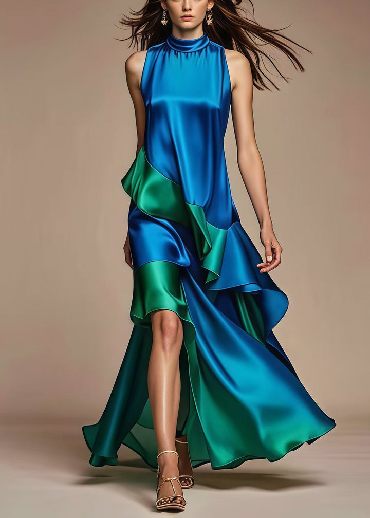 Italian Royal Blue Asymmetrical Patchwork Silk Dress - Omychic