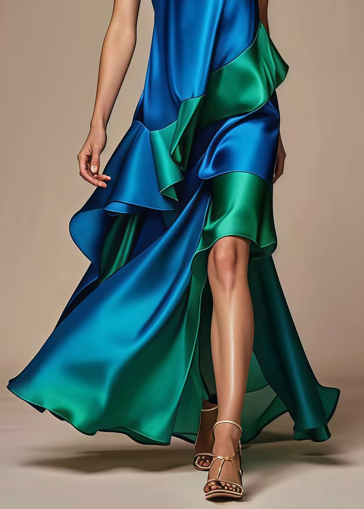 Italian Royal Blue Asymmetrical Patchwork Silk Dress - Omychic