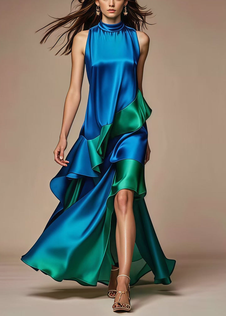 Italian Royal Blue Asymmetrical Patchwork Silk Dress - Omychic