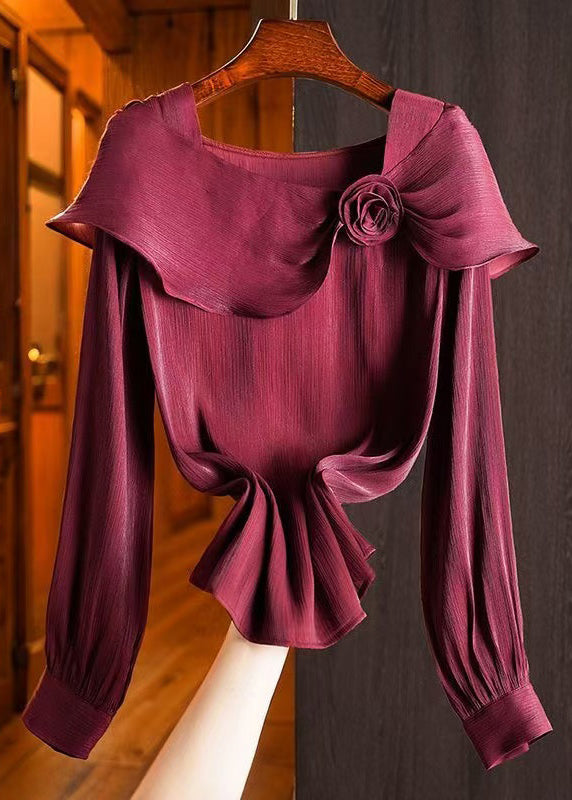 Italian Wine Red Square Collar Floral Chiffon Shirts Fall - Omychic