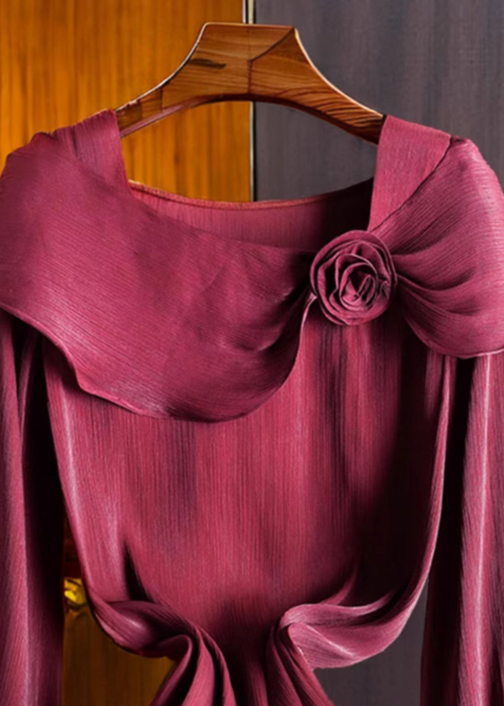 Italian Wine Red Square Collar Floral Chiffon Shirts Fall - Omychic