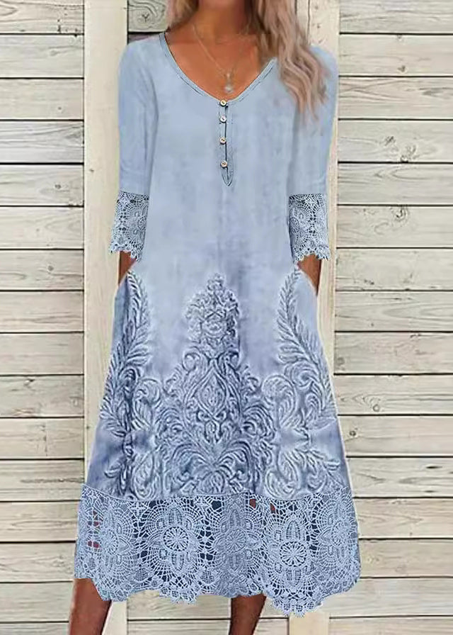 Loose Blue Print Pockets Lace Patchwork Long Dress Half Sleeve - Omychic
